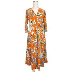 Jayshree Dalal Boho Tropical Kaftan Dress Small Orange Jungle Print Maxi Resort